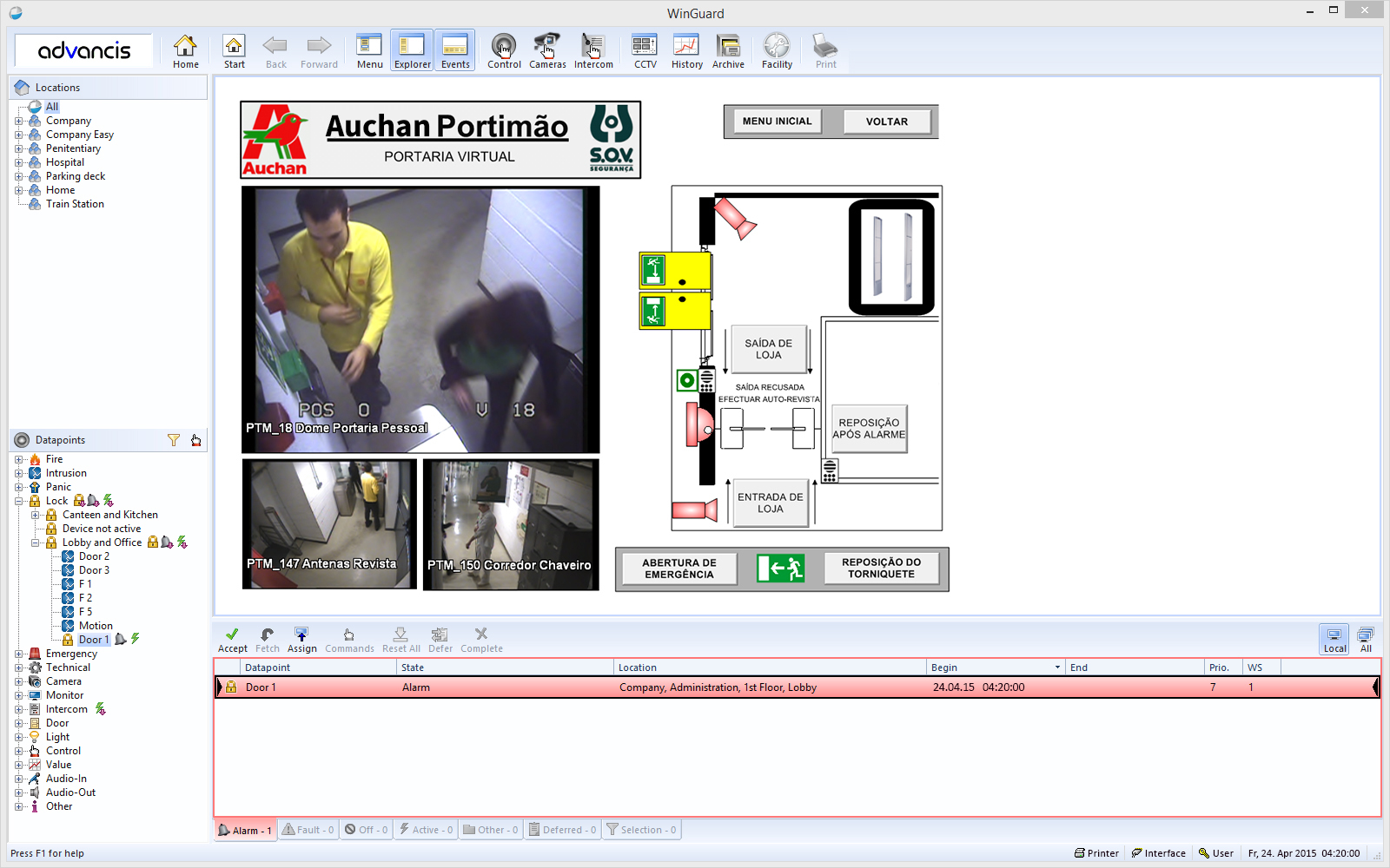 WinGuard fire alarm at the Henkel site: building, alarm point and floor in the header, the full action text with access route and hazard information, and the floor plan with the triggered detector highlighted.