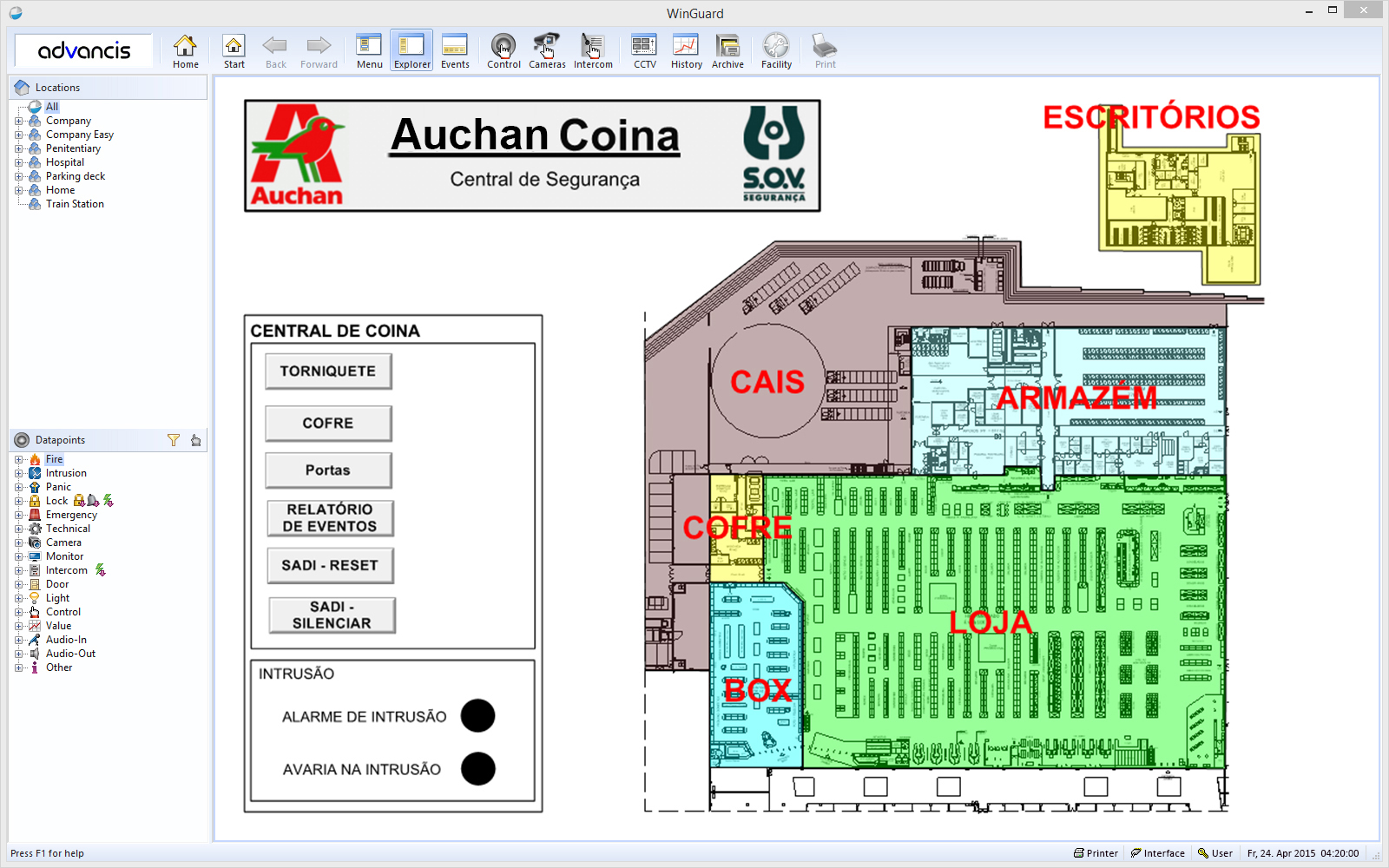 WinGuard infrastructure view at the Henkel site: a schematic of servers, network nodes and connected workstations, with one failed element marked in red.