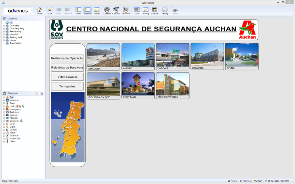 WinGuard touch interface for mobile use at the Henkel site: a row of gate buttons across the top, a site schematic in the centre and a live camera view of the gate on the right.