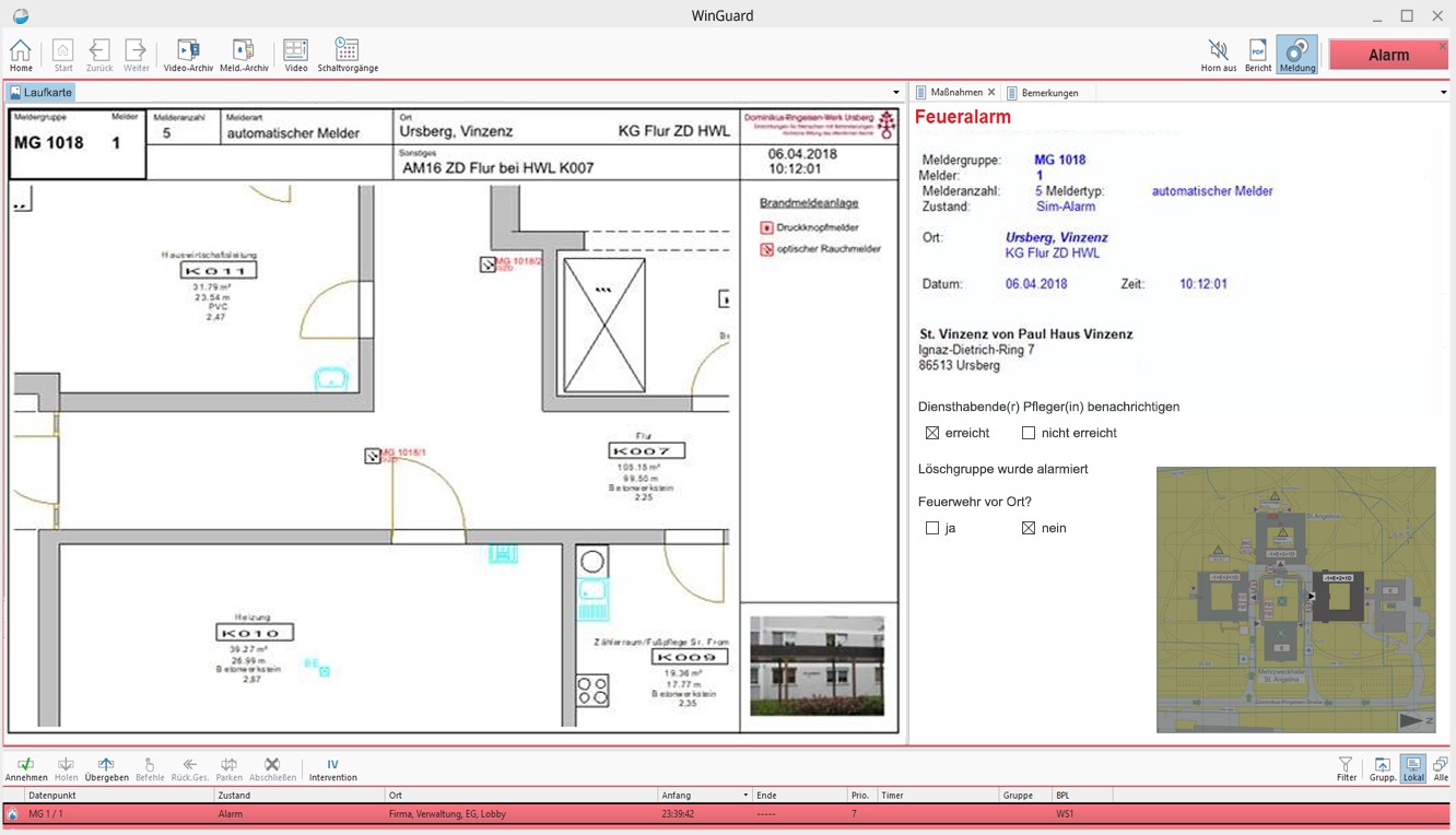 WinGuard infrastructure view at the Henkel site: a schematic of servers, network nodes and connected workstations, with one failed element marked in red.
