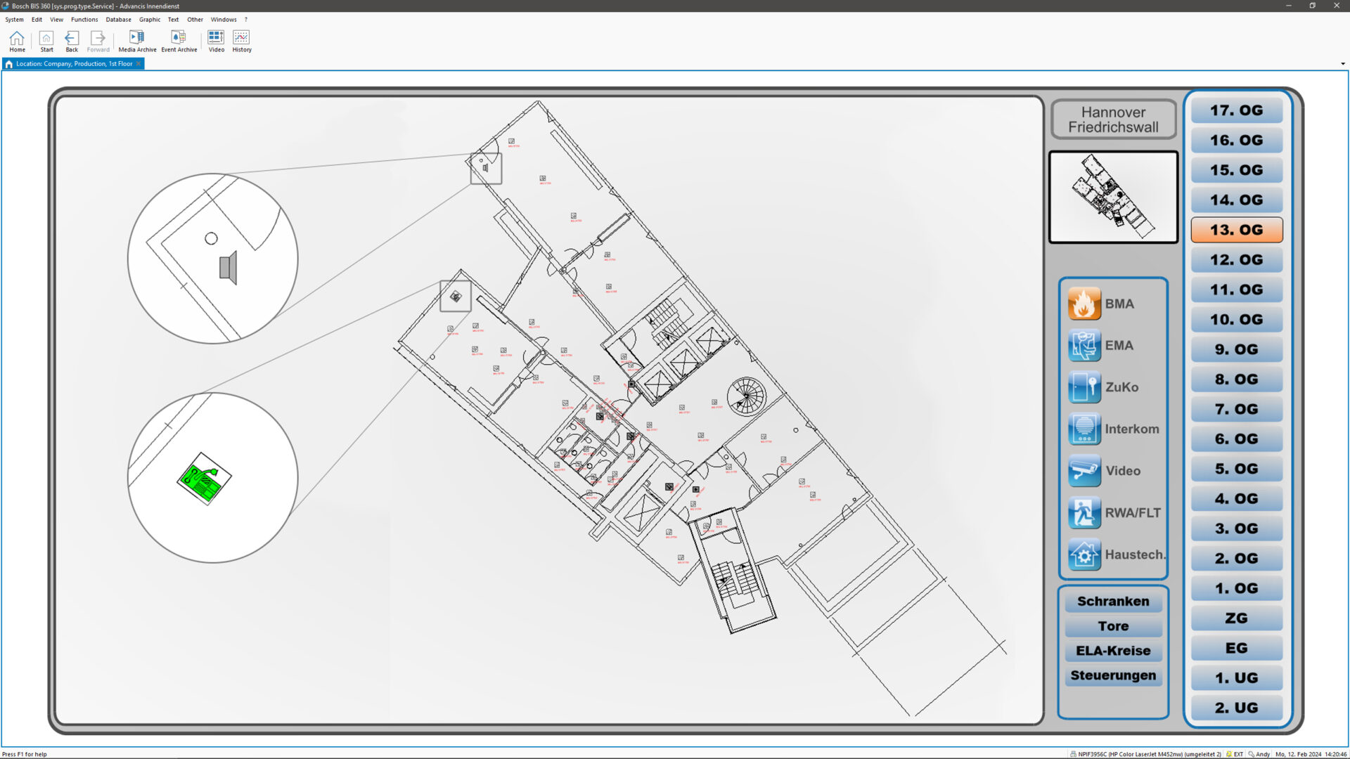 WinGuard touch interface for mobile use at the Henkel site: a row of gate buttons across the top, a site schematic in the centre and a live camera view of the gate on the right.