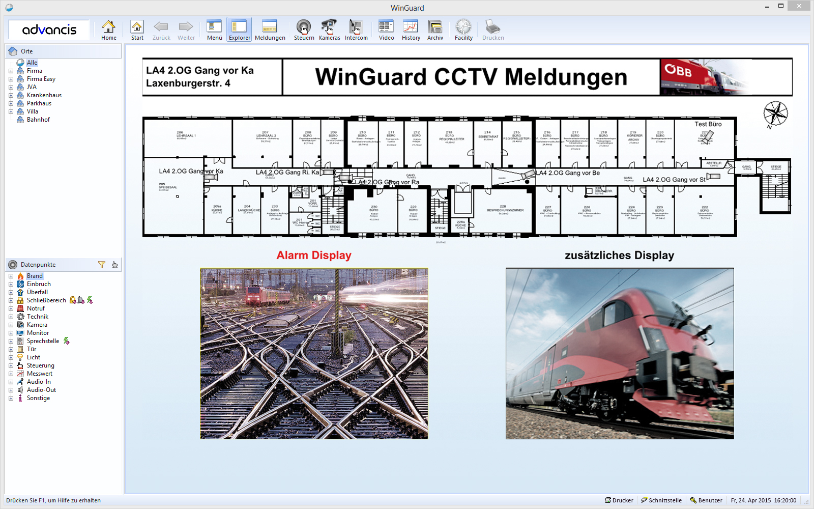 WinGuard infrastructure view at the Henkel site: a schematic of servers, network nodes and connected workstations, with one failed element marked in red.