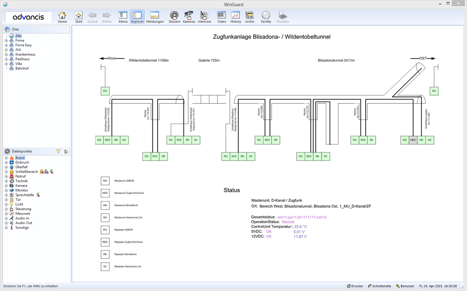 WinGuard touch interface for mobile use at the Henkel site: a row of gate buttons across the top, a site schematic in the centre and a live camera view of the gate on the right.