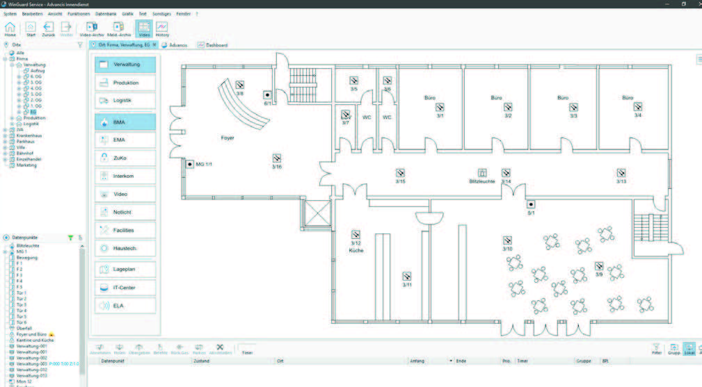 WinGuard fire alarm at the Henkel site: building, alarm point and floor in the header, the full action text with access route and hazard information, and the floor plan with the triggered detector highlighted.