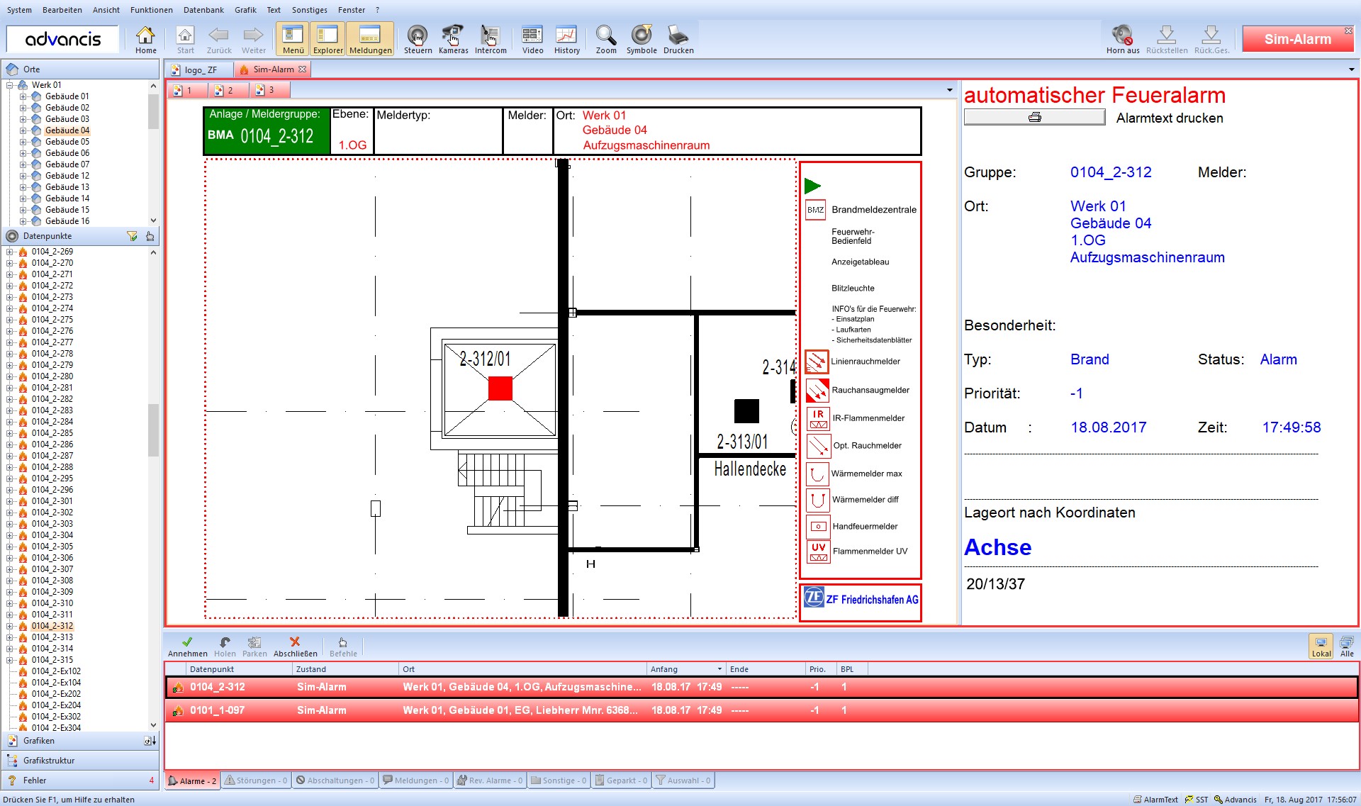 WinGuard infrastructure view at the Henkel site: a schematic of servers, network nodes and connected workstations, with one failed element marked in red.