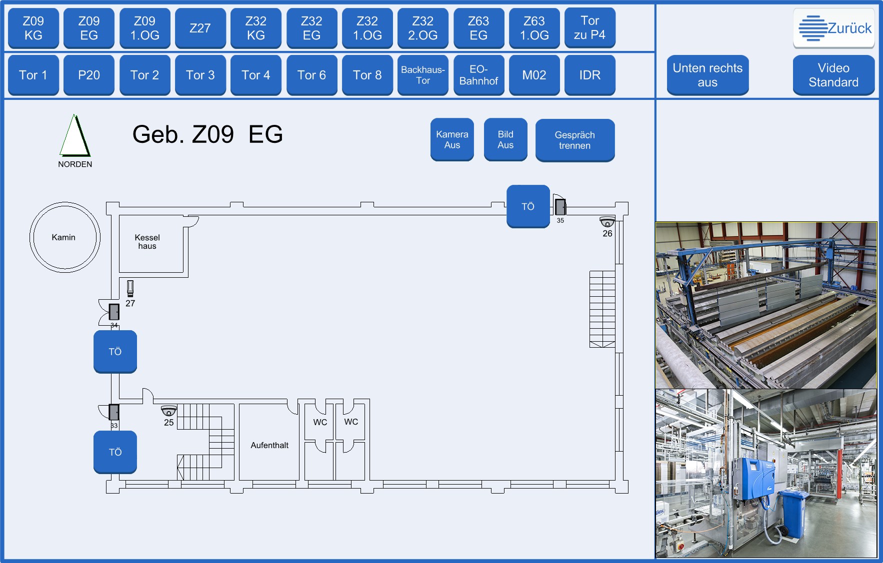 WinGuard touch interface for mobile use at the Henkel site: a row of gate buttons across the top, a site schematic in the centre and a live camera view of the gate on the right.