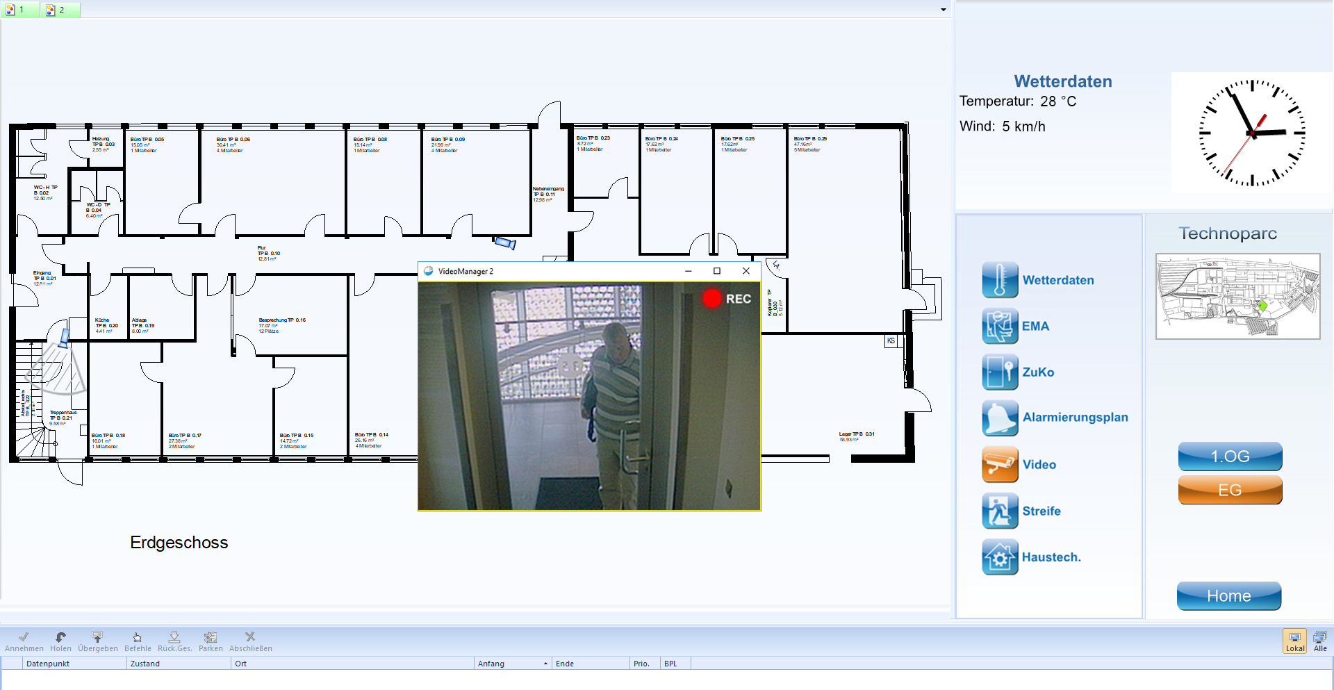 WinGuard touch interface for mobile use at the Henkel site: a row of gate buttons across the top, a site schematic in the centre and a live camera view of the gate on the right.