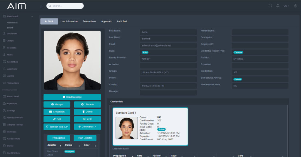 AIM web client showing an identity record with user information, credentials and propagation status across connected systems