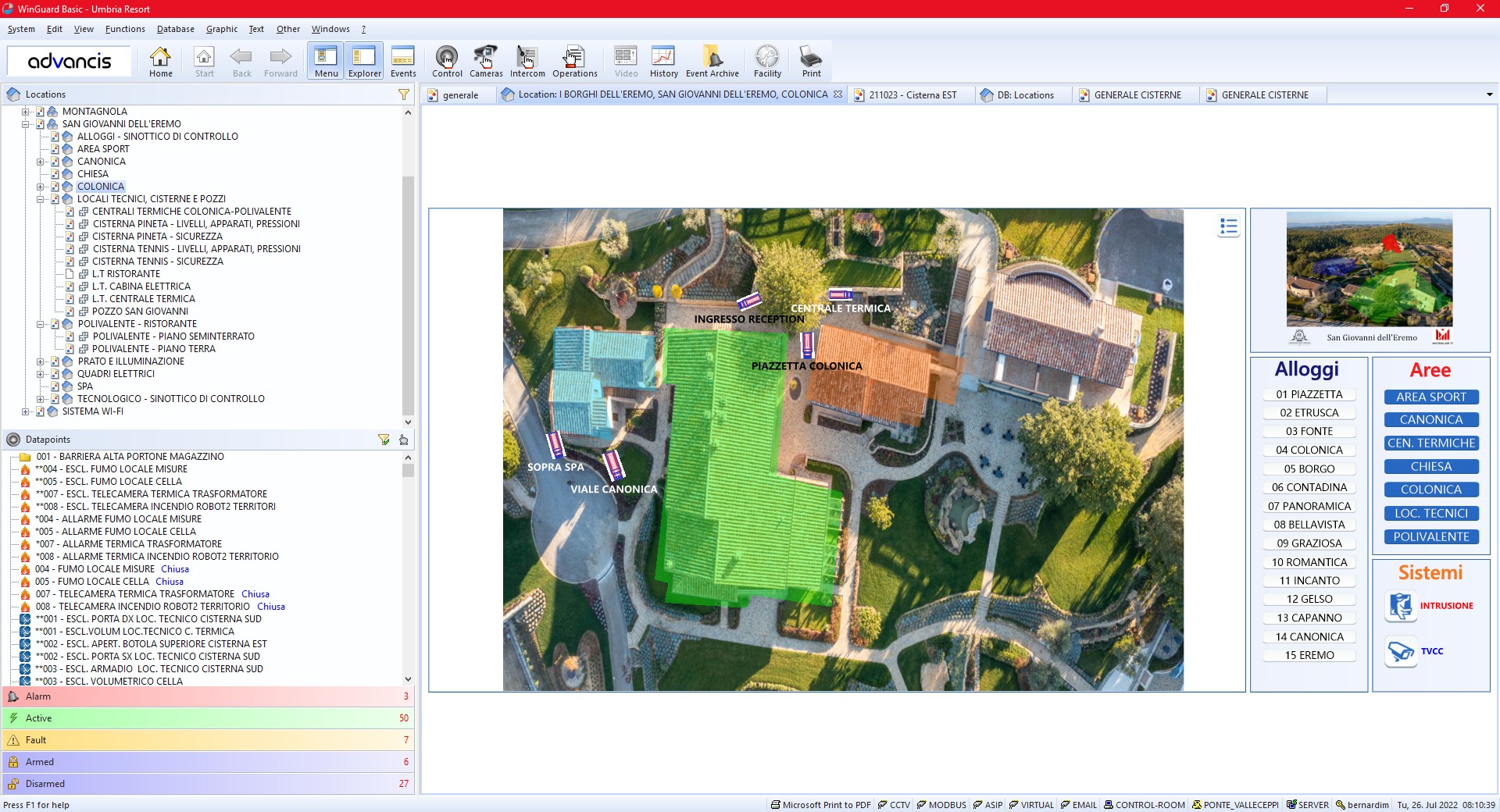 WinGuard touch interface for mobile use at the Henkel site: a row of gate buttons across the top, a site schematic in the centre and a live camera view of the gate on the right.
