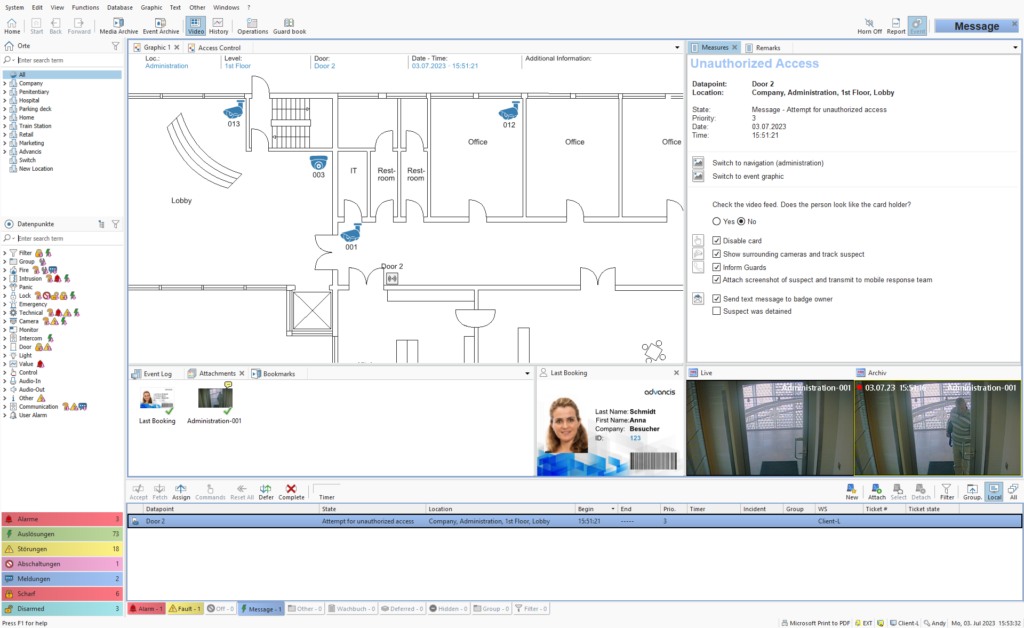 WinGuard event view showing an unauthorized access alarm with live camera feed, operator notes and floor plan.