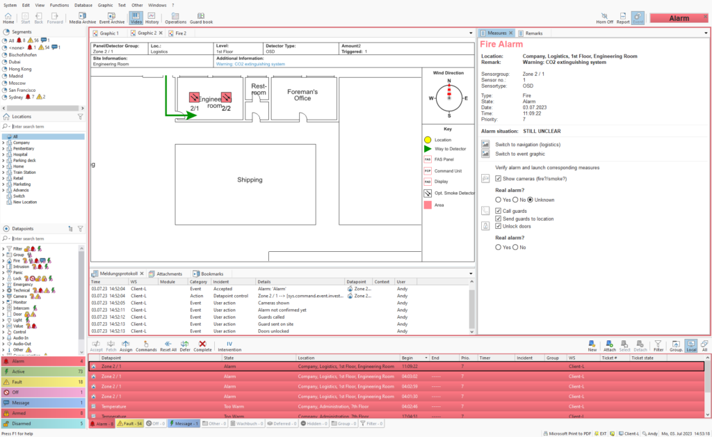 WinGuard fire alarm event with activated zones, escalation controls and response actions.